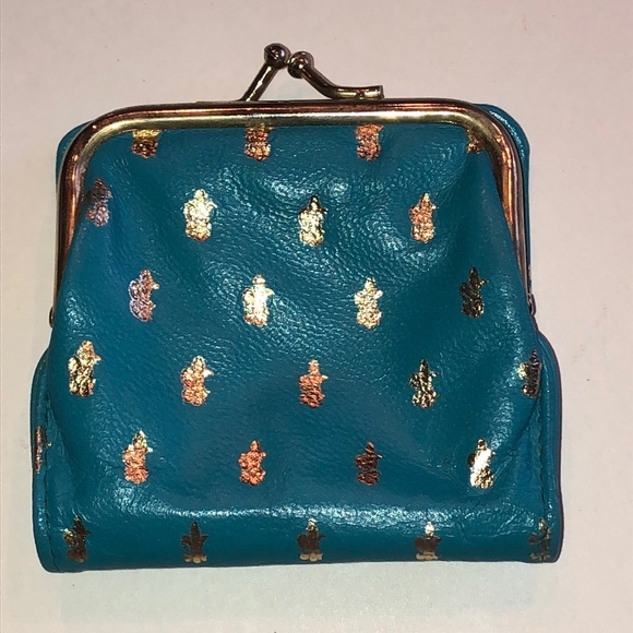 Vintage Teal Blue and Gold Tone Foldout Leather Coin Purse - Picture 2 of 6